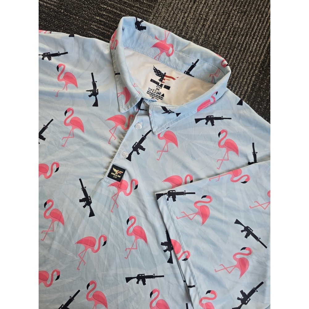 Eagle Six Gear Polo Shirt Mens XXL Light Blue Flamingo Rifle Gun Stretch Golf